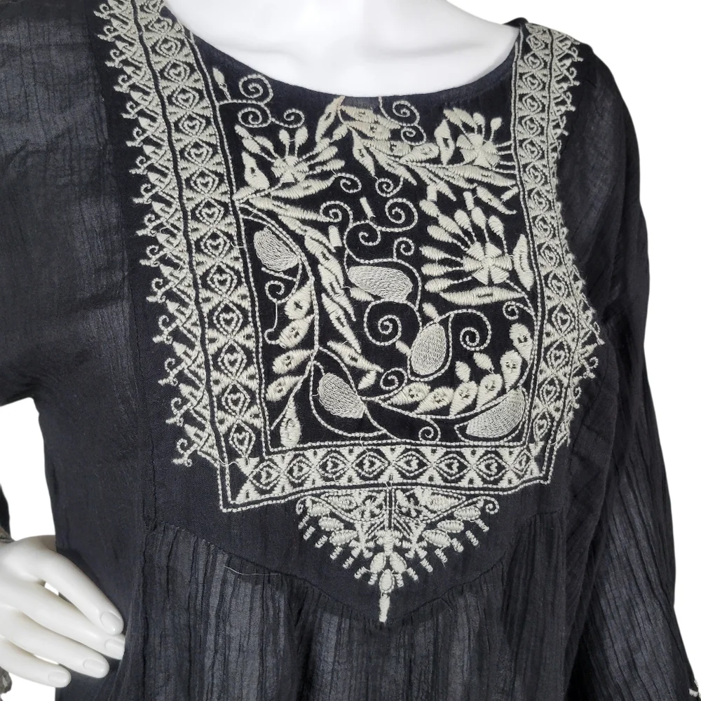 World Market Tunic Top Womens L/XL Black Embroidered Sheer Fairy Boho Indie Folk - Picture 5 of 10